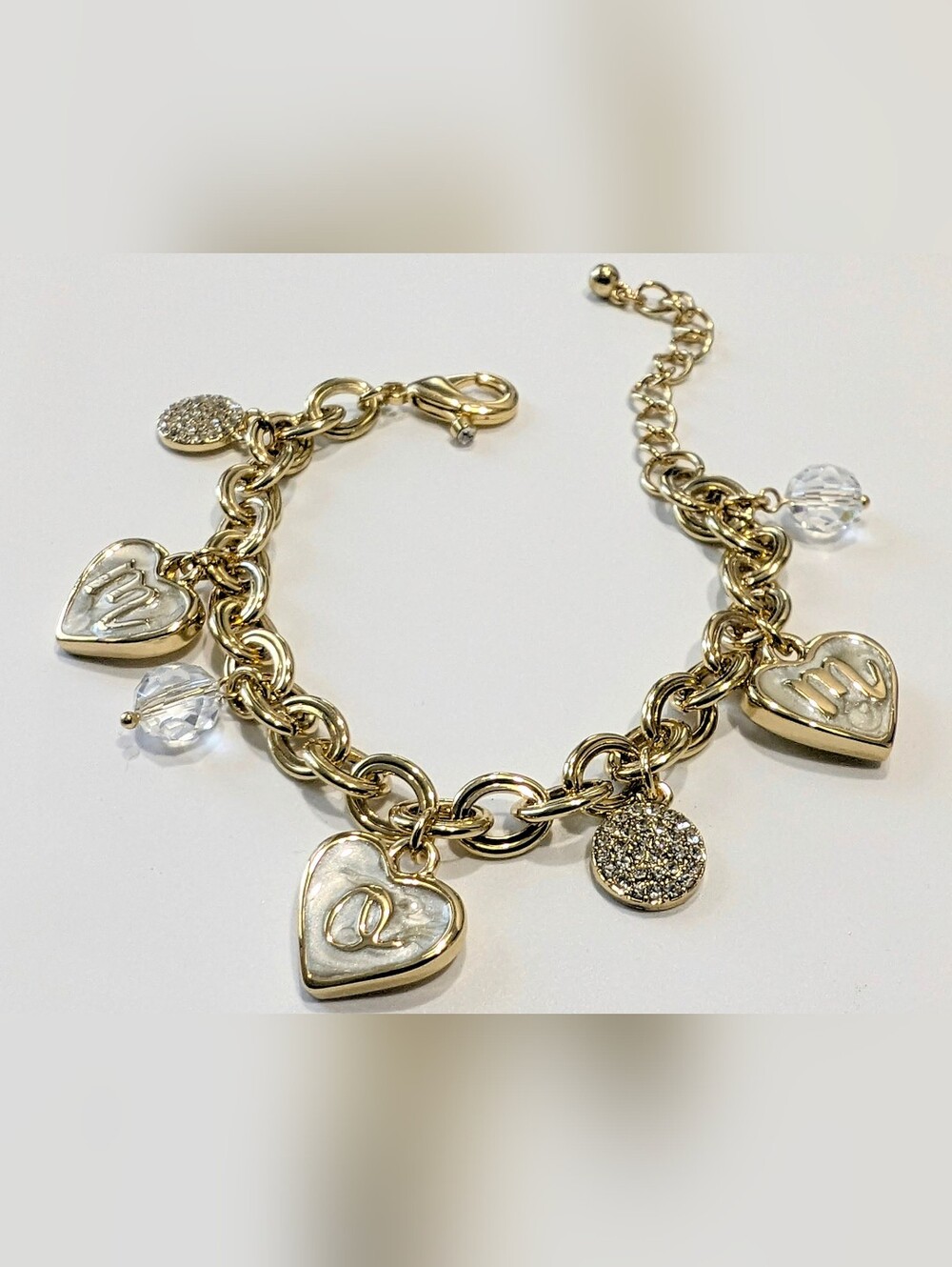 Y2K Vintage Swarovski Crystal MOM Heart Charm Bracelet Champagne Gold | NOS - Picture 4 of 8